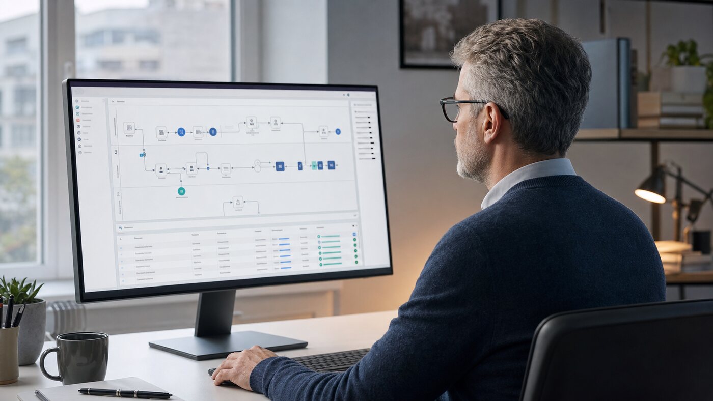 Software specialist reviewing an AI-assisted business workflow